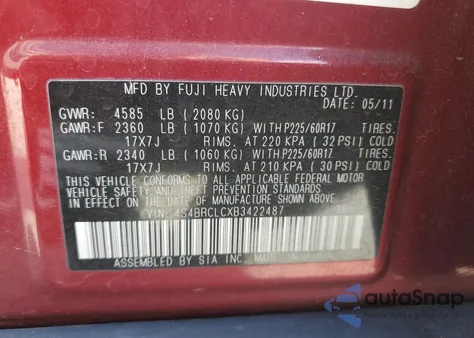 2011 Subaru Outback 2.5I Limited z USA, uszkodzony, nr VIN 4S4BRCLCXB3422487